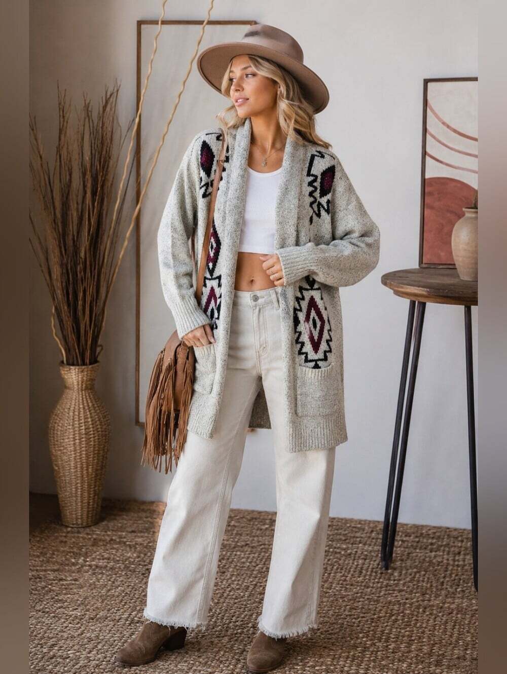 Dreamers Gray Aztec Southwestern Long Cardigan S Boho Western Duster Sweater